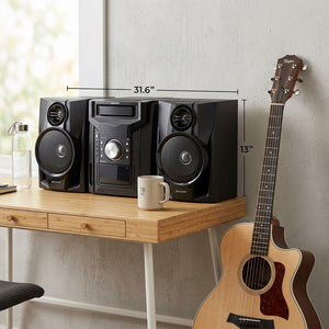 Sharp CD-BH950 5-disc stereo system on a wooden desk next to a guitar, measuring 31.6"w x 13"h.