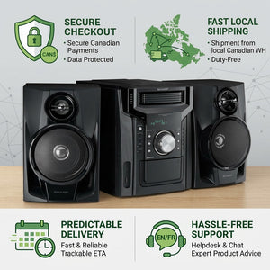 Sharp CD-BH950 5-disc audio system trust infographic with icons for secure checkout and fast Canadian shipping.