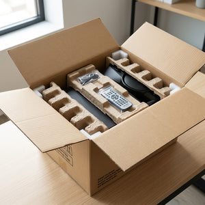Open shipping box showing the Sharp CD-BH950 unit and remote secured by eco-friendly molded pulp.