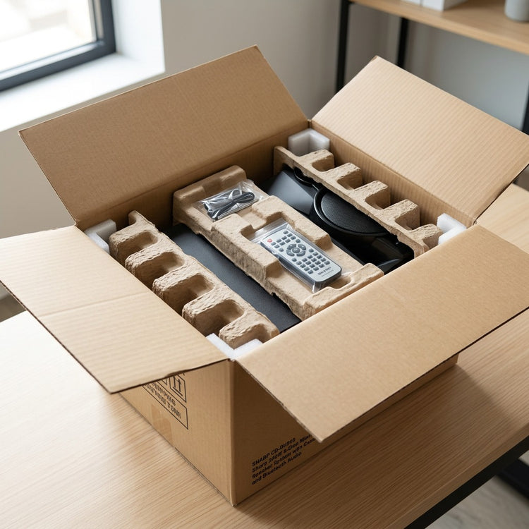 Open shipping box showing the Sharp CD-BH950 unit and remote secured by eco-friendly molded pulp.