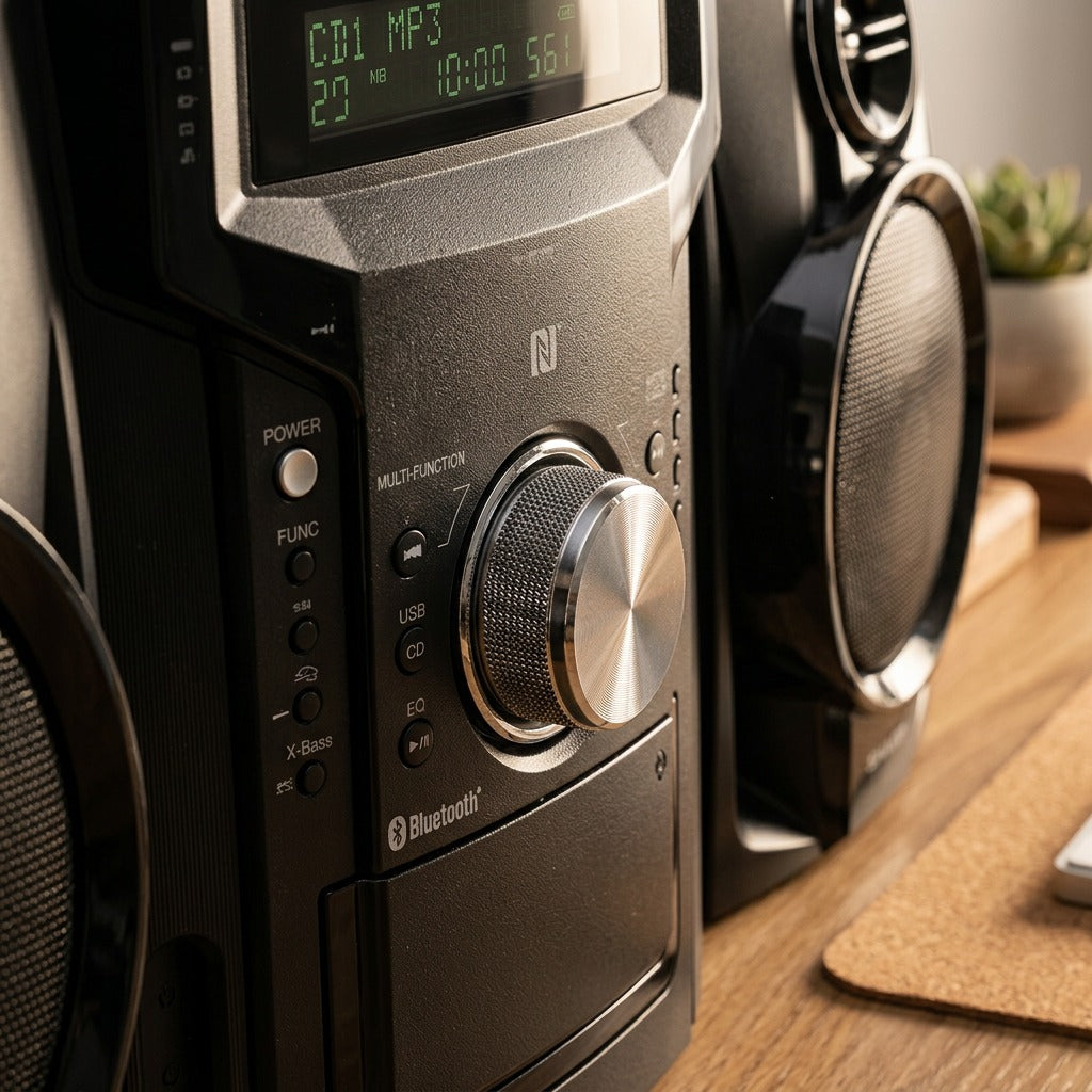 Macro detail of the Sharp CD-BH950 stereo featuring a textured volume knob and NFC pairing sensor.