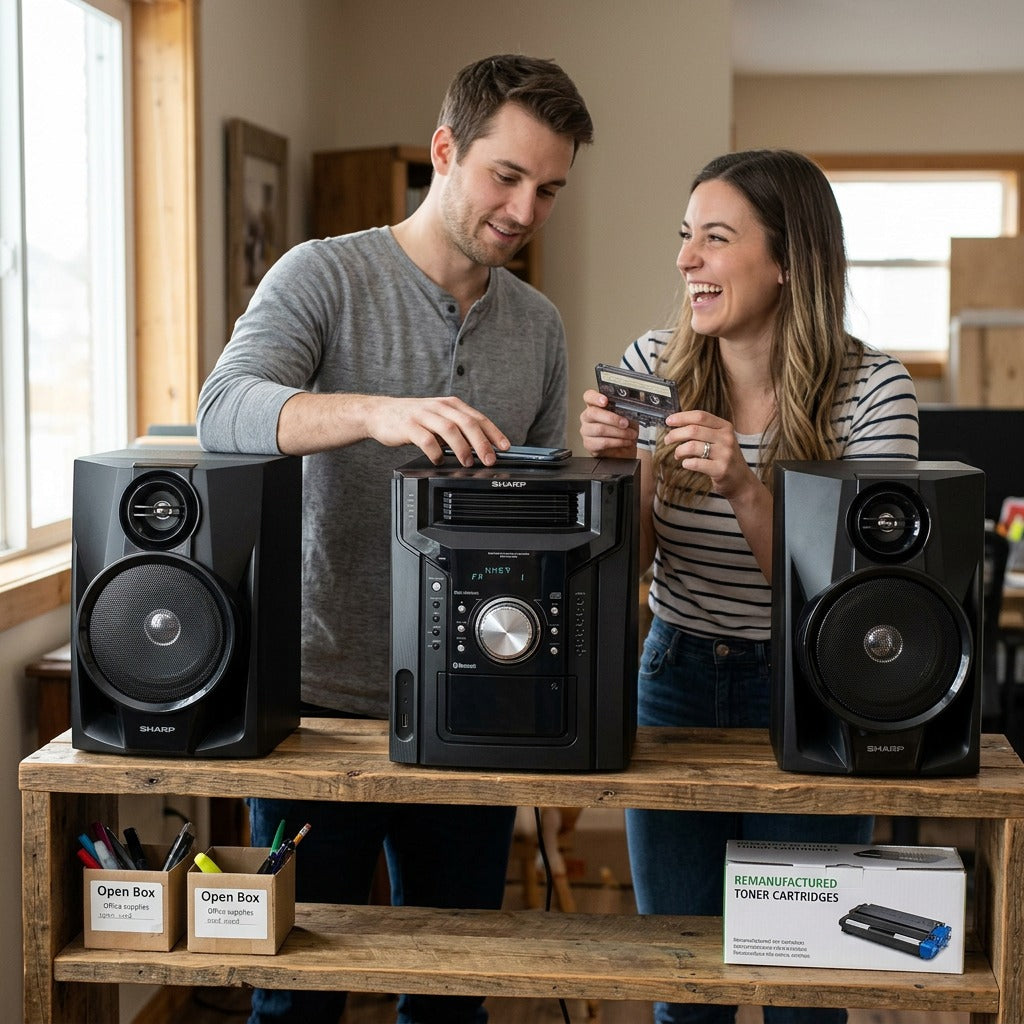 A man and woman smiling in an office setting with a Sharp CD-BH950 5-disc speaker system.