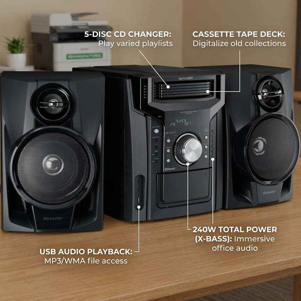 SHARP CD-BH950 240W 5-Disc Shelf System showing CD changer, cassette deck, and USB audio playback.