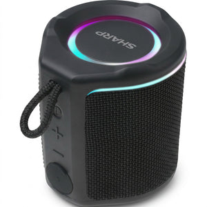 Sharp GX-BT190-BK portable black Bluetooth speaker with vibrant RGB LED light ring and carry strap.