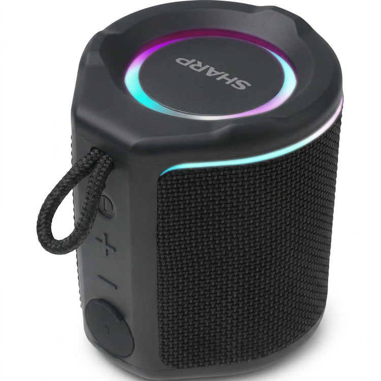 Sharp GX-BT190-BK portable black Bluetooth speaker with vibrant RGB LED light ring and carry strap.