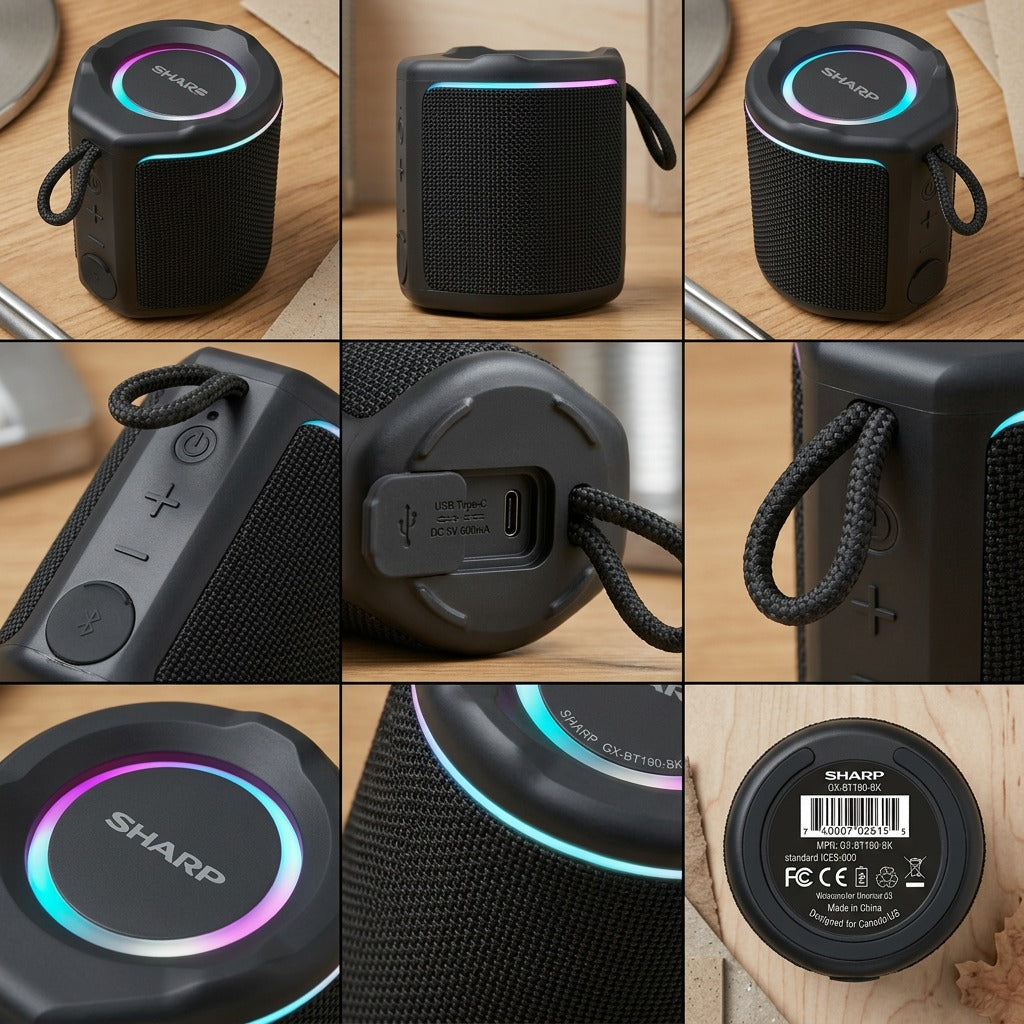 Grid of Sharp GX-BT190-BK speakers showing RGB LED lights, USB-C port, strap, and control buttons.