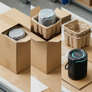 Sharp GX-BT190-BK speaker unboxing sequence showing protective recycled pulp and cardboard packaging.