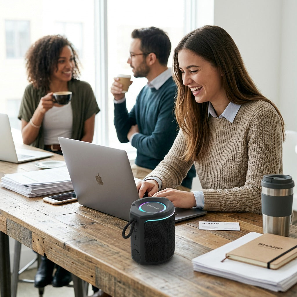Sharp GX-BT190-BK portable speaker with LED lighting on an office desk with professionals.