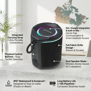 Sharp GX-BT190-BK portable speaker callout showing carrying strap, IP67 waterproof, and RGB LEDs.
