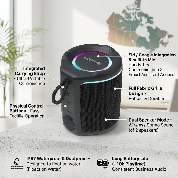 Sharp GX-BT190-BK portable speaker callout showing carrying strap, IP67 waterproof, and RGB LEDs.