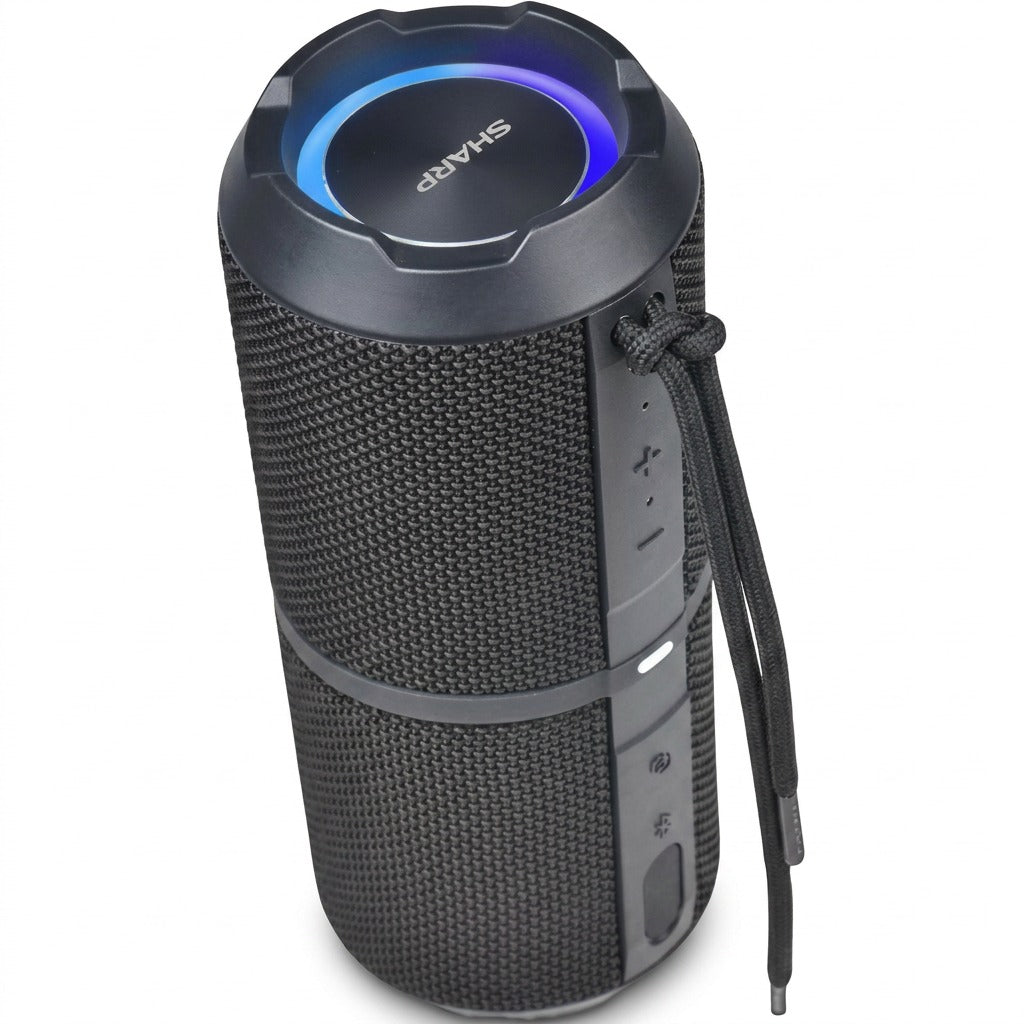Sharp GX-BT290-BK portable speaker in black mesh with blue RGB lighting and a woven carry strap.