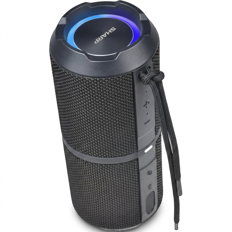 Sharp GX-BT290-BK portable speaker in black mesh with blue RGB lighting and a woven carry strap.