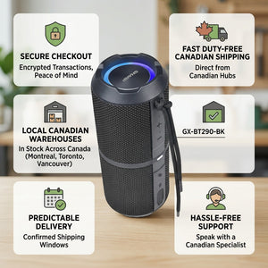 Sharp GX-BT290-BK portable speaker infographic highlighting secure checkout, fast Canadian shipping, local warehouses, and hassle-free support.