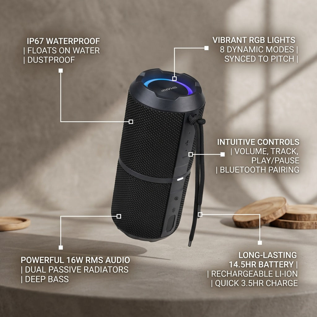 Black Sharp GX-BT290-BK speaker with callouts for IP67 waterproof, RGB lights, and 14.5hr battery.