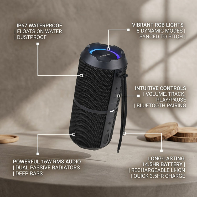 Black Sharp GX-BT290-BK speaker with callouts for IP67 waterproof, RGB lights, and 14.5hr battery.