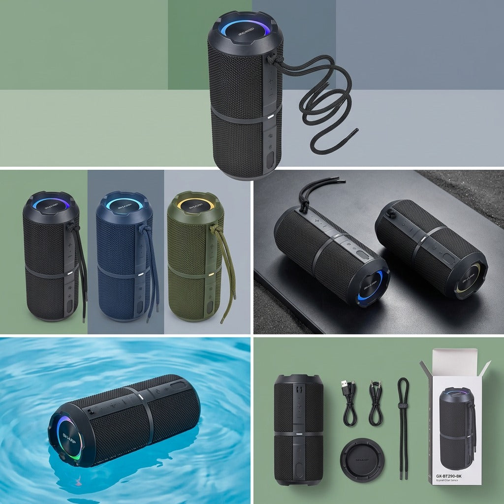 Sharp GX-BT290-BK speakers in black, blue, and green, showing IP67 waterproof floating and unboxed accessories.