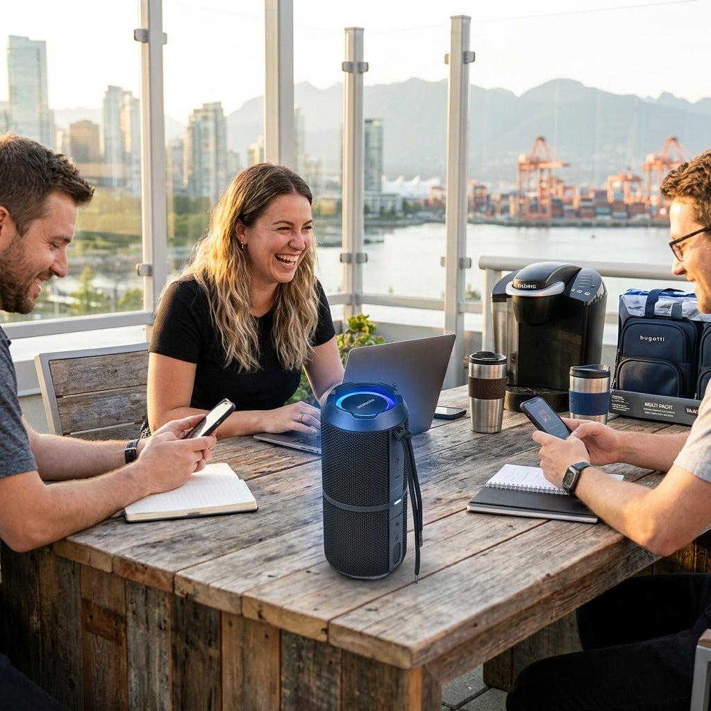 Sharp GX-BT290-BK portable speaker with blue RGB lights on a Vancouver rooftop patio with team.