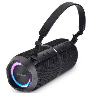 Sharp GX-BT390 rugged 60W waterproof Bluetooth speaker in black with LED light ring and carry strap.