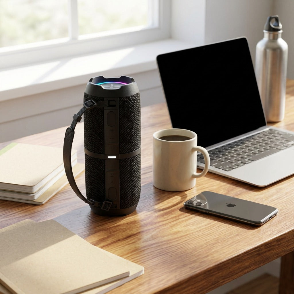 Sharp GX-BT390 rugged black speaker on a desk next to a laptop, mug, and phone to show scale.