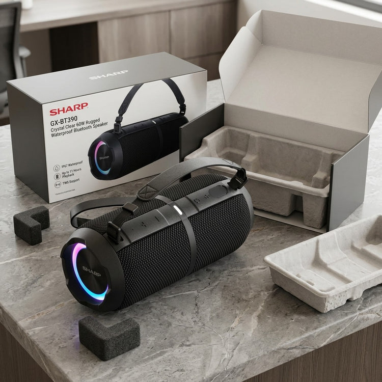 Sharp GX-BT390 speaker unboxing with protective eco-friendly packaging on a stone countertop.