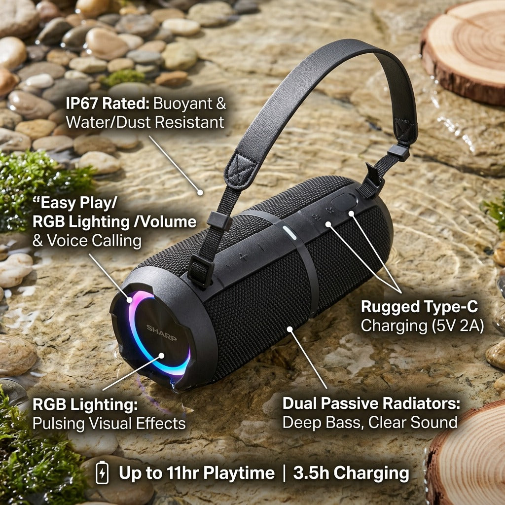 Sharp GX-BT390 rugged waterproof speaker features callout: IP67 rated, buoyant, 11h battery life.