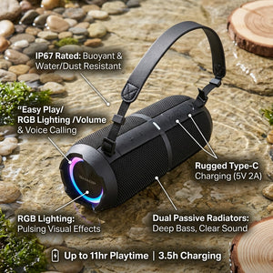 Sharp GX-BT390 rugged waterproof speaker features callout: IP67 rated, buoyant, 11h battery life.