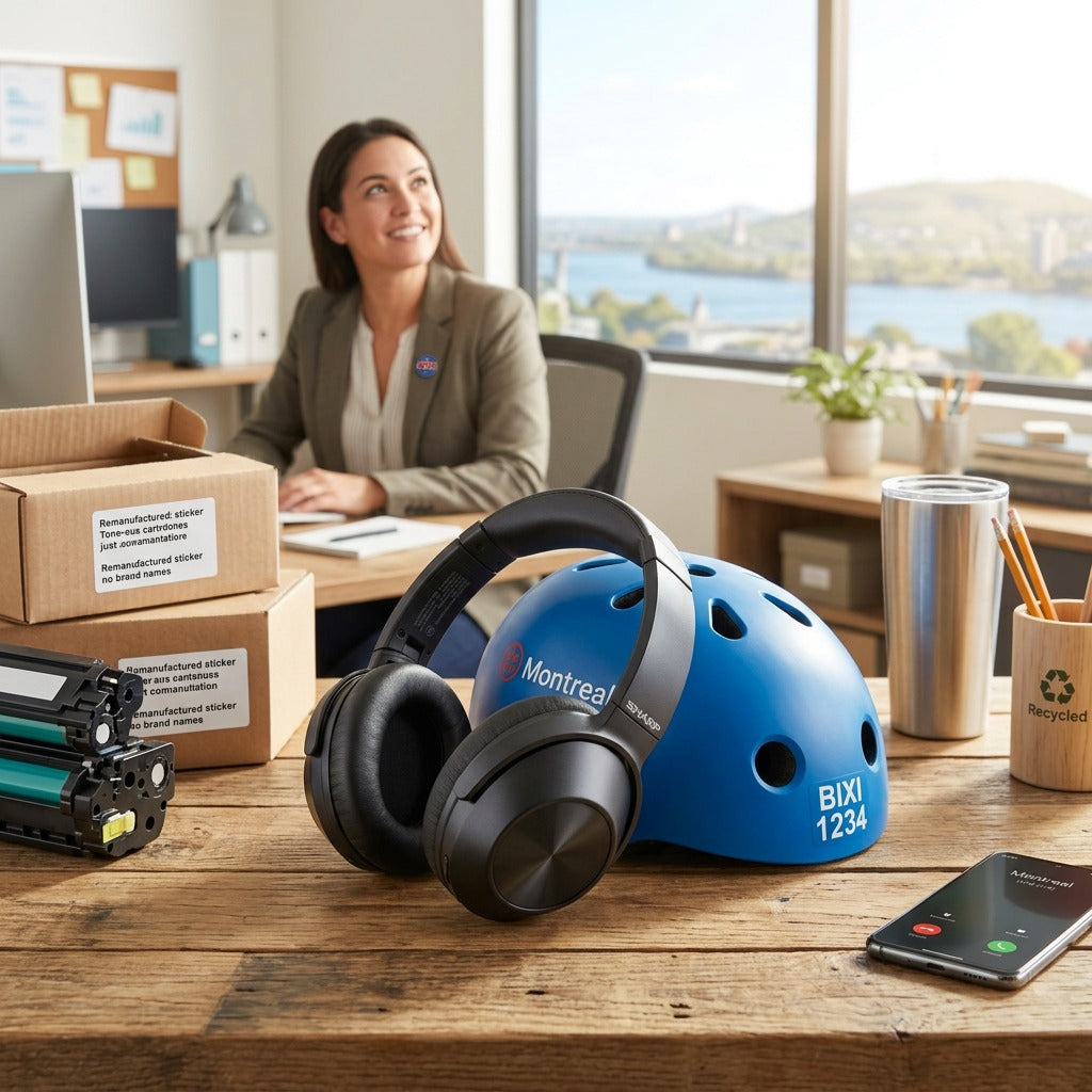 Sharp HP-60 Over-Ear Headphones placed next to a blue helmet on an office desk for scale reference.