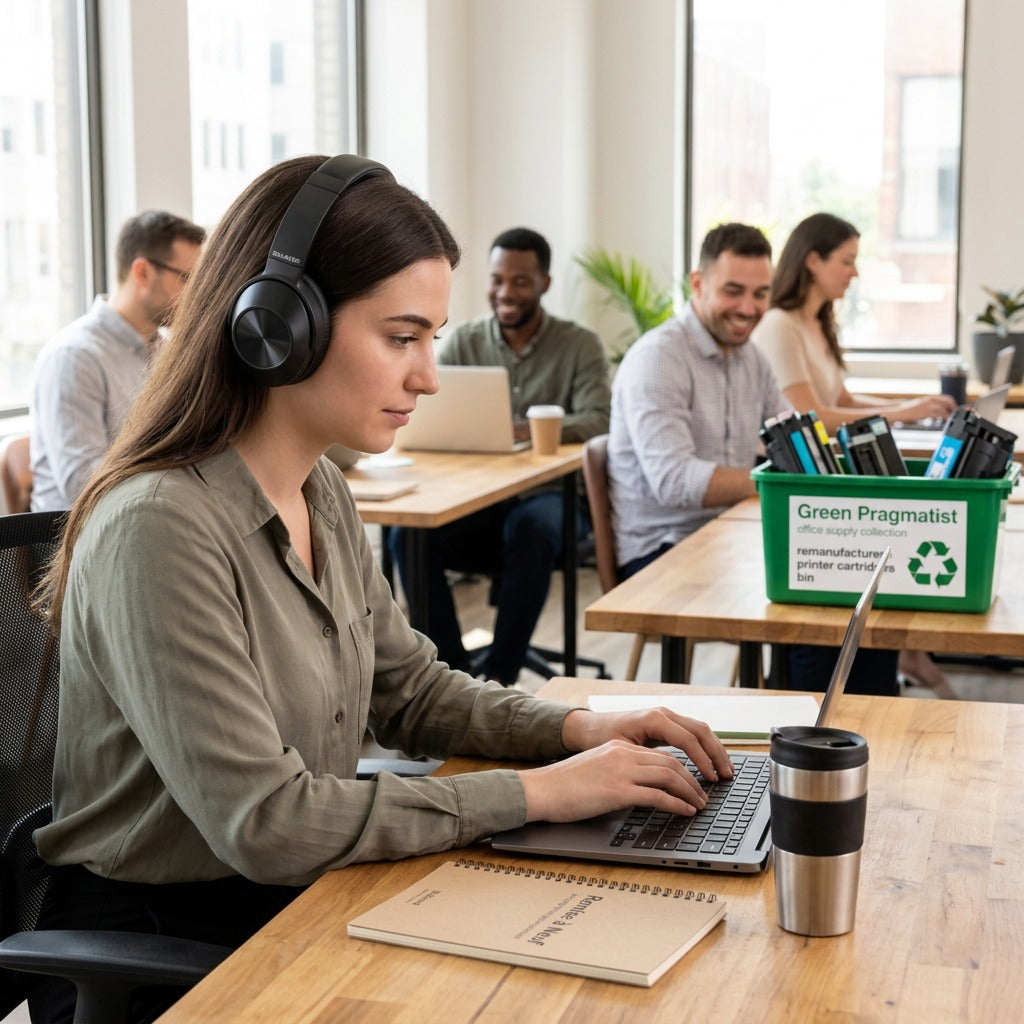 Woman wears black Sharp HP-60 ANC over-ear headphones while working on a laptop in a busy office.