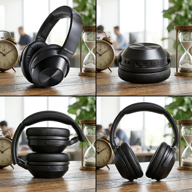 Four-panel grid showing Sharp HP-60 ANC headphones from various angles, including a folded view.