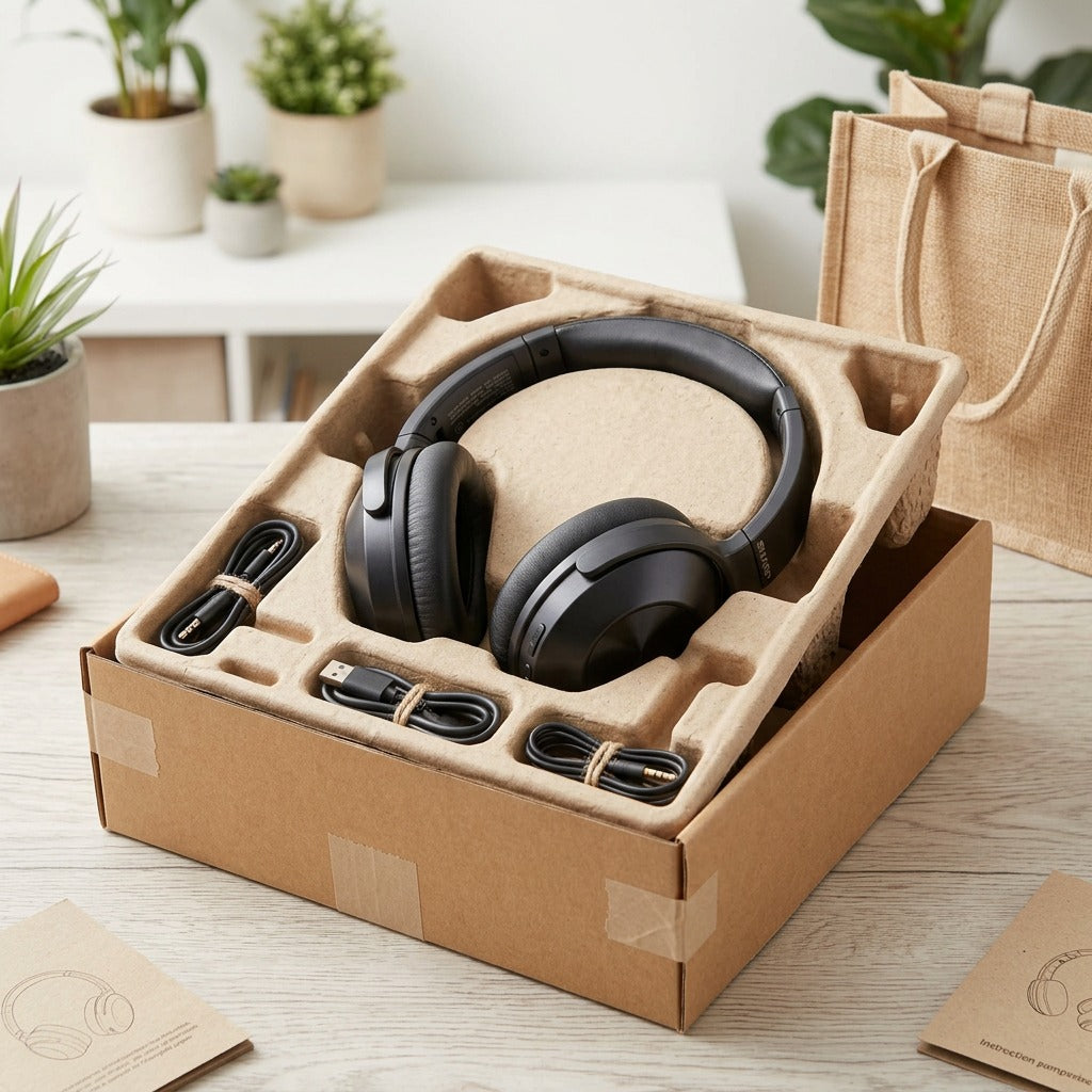 Unboxing Sharp HP-60 wireless headphones in eco-friendly molded pulp tray and cardboard box.