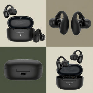 Four-panel grid of Sharp HP-TW45-BK earclip earbuds from various angles with USB-C charging case.