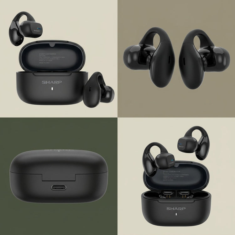 Four-panel grid of Sharp HP-TW45-BK earclip earbuds from various angles with USB-C charging case.