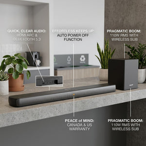 SHARP HT-SBW192 soundbar and wireless subwoofer featuring 110W RMS, HDMI ARC, and Bluetooth 5.3.