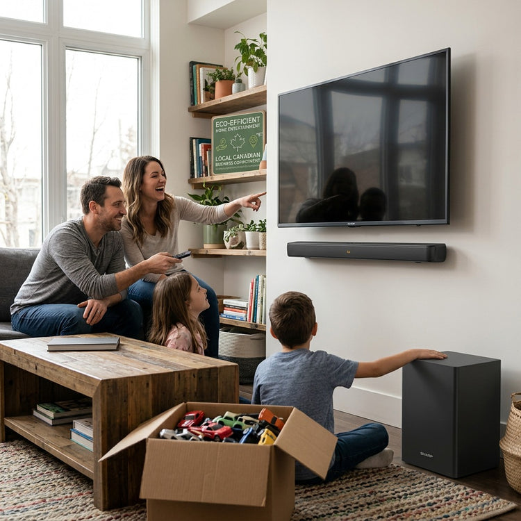 A family enjoys a movie with a wall-mounted SHARP HT-SBW192 soundbar and wireless subwoofer.