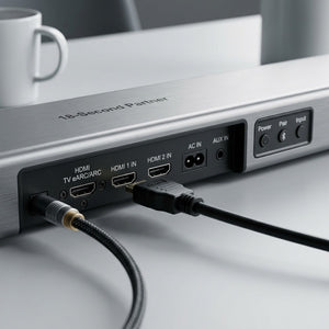Macro view of SHARP HT-SBW53121 soundbar rear ports including HDMI eARC, AUX, and power AC input.