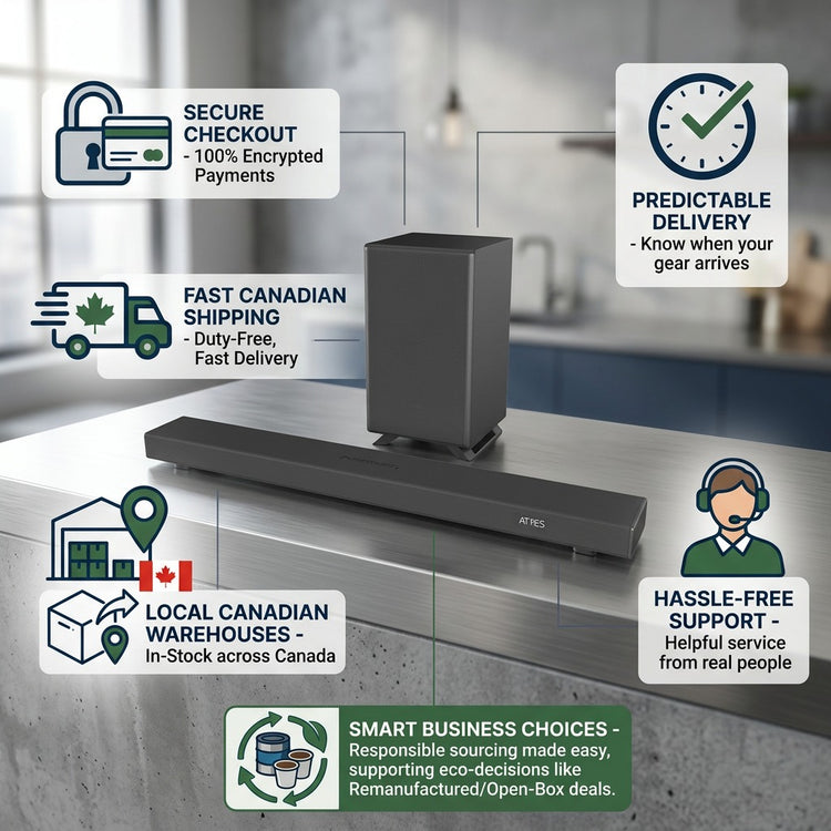 Sharp Q-Series 3.1.2 Soundbar and Subwoofer with icons for fast shipping and local Canadian support.