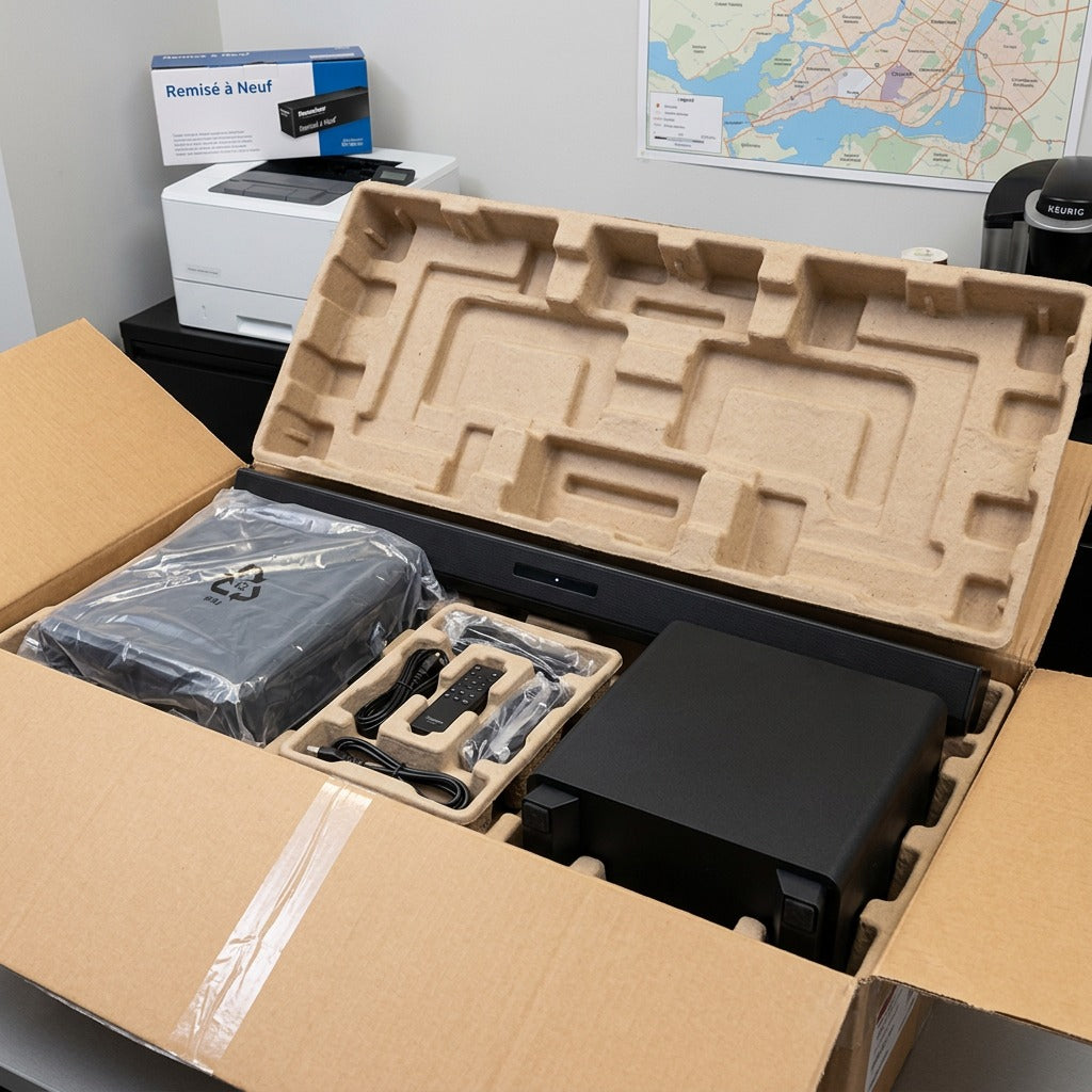 Sharp HT-SBW53121 soundbar and subwoofer unboxing in secure, eco-friendly molded fiber packaging.