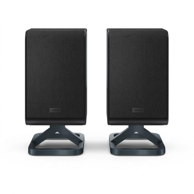 Pair of black Sharp HT-SPR52021-BK wireless rear surround speakers on modern stands, pure white background.