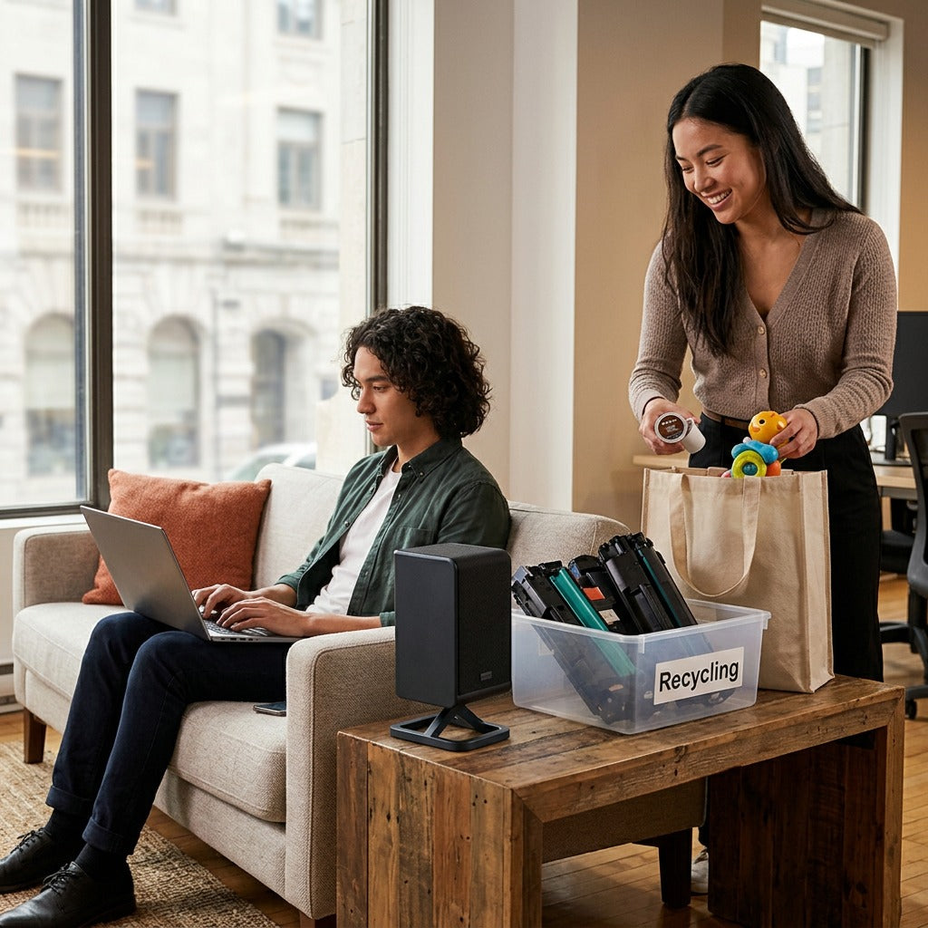 Sharp HT-SPR52021-BK wireless speaker on a table in a bright office near an eco-friendly recycling bin.