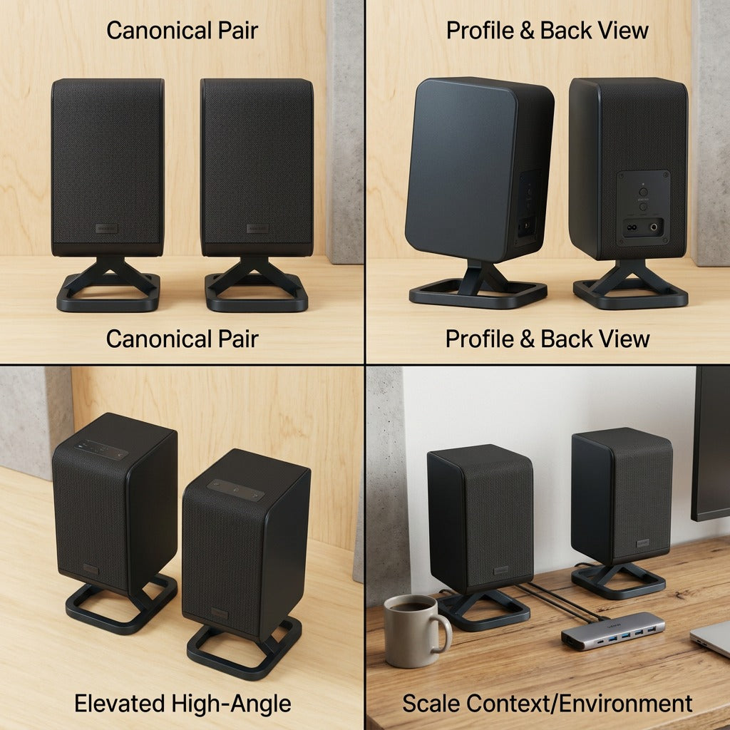 Four-panel view of Sharp HT-SPR52021-BK rear speakers showing front, profile, back, and desk setup.