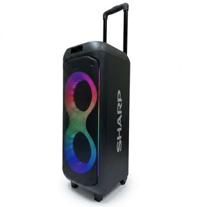 Sharp PS-935 portable party speaker with trolley handle, wheels, and rainbow LED ring lights.