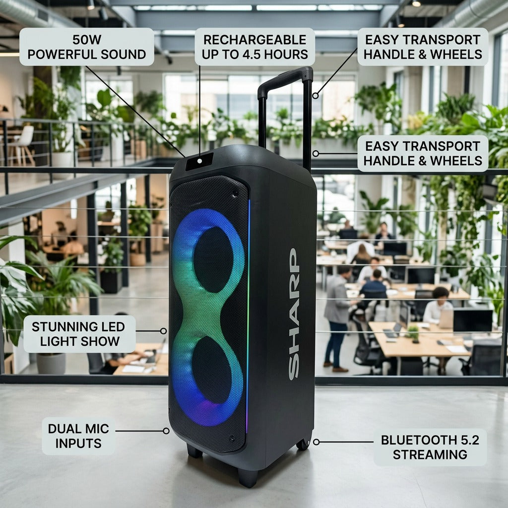 Sharp PS-935 Portable Speaker feature map showing 50W sound, LED lights, and trolley handle.