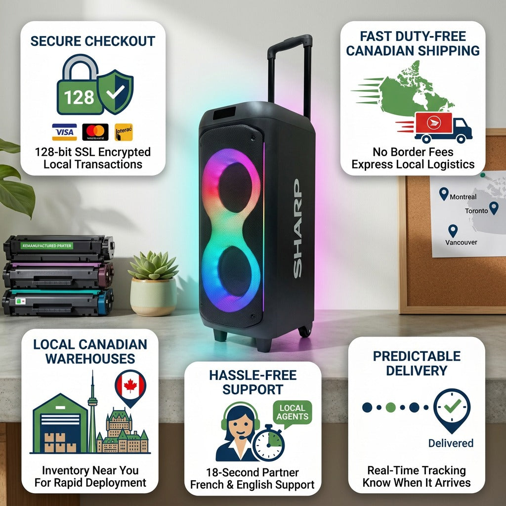 Sharp PS-935 Portable Party Speaker with trust badges for fast duty-free Canadian shipping and secure checkout.