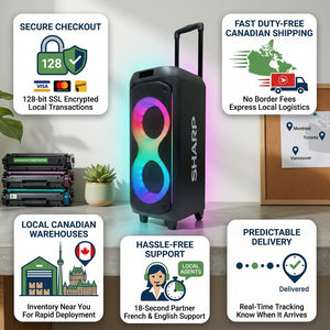 Sharp PS-935 Portable Party Speaker with trust badges for fast duty-free Canadian shipping and secure checkout.