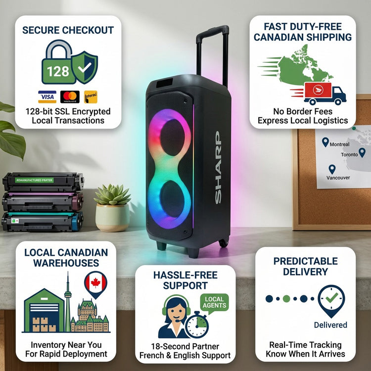 Sharp PS-935 Portable Party Speaker with trust badges for fast duty-free Canadian shipping and secure checkout.