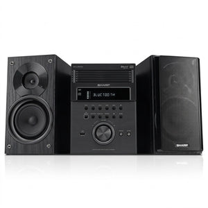 Sharp XL-BH250 5-disc micro shelf executive speaker system with Bluetooth and two wood-grain speakers.