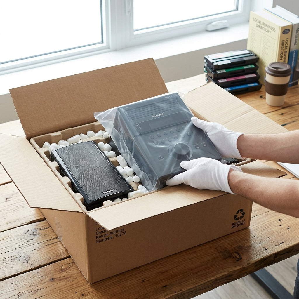Person in white gloves unboxing a Sharp XL-BH250 speaker system from a protected shipping carton.