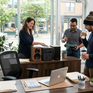 Professional office setting showing people using the Sharp XL-BH250 5-Disc Micro Speaker System.