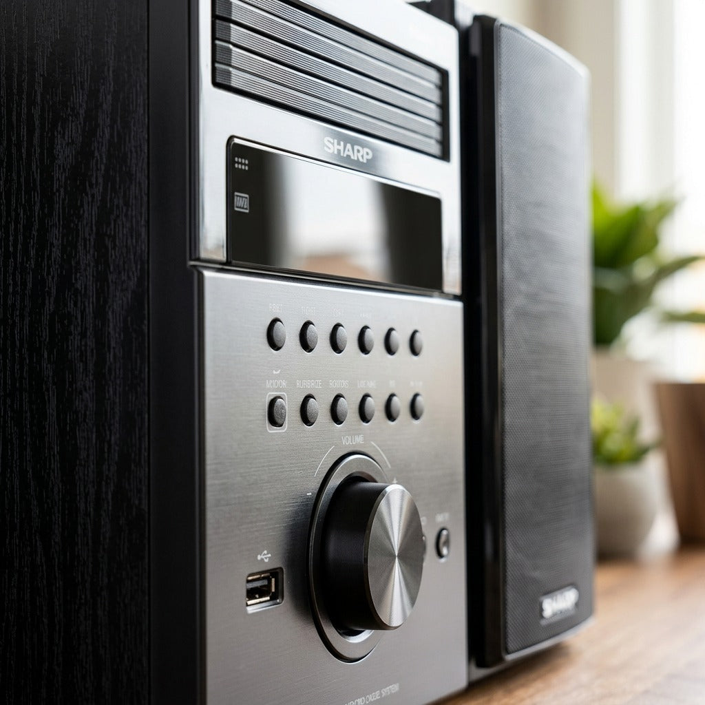 Macro detail of the Sharp XL-BH250 executive speaker system showing the brushed metal interface.