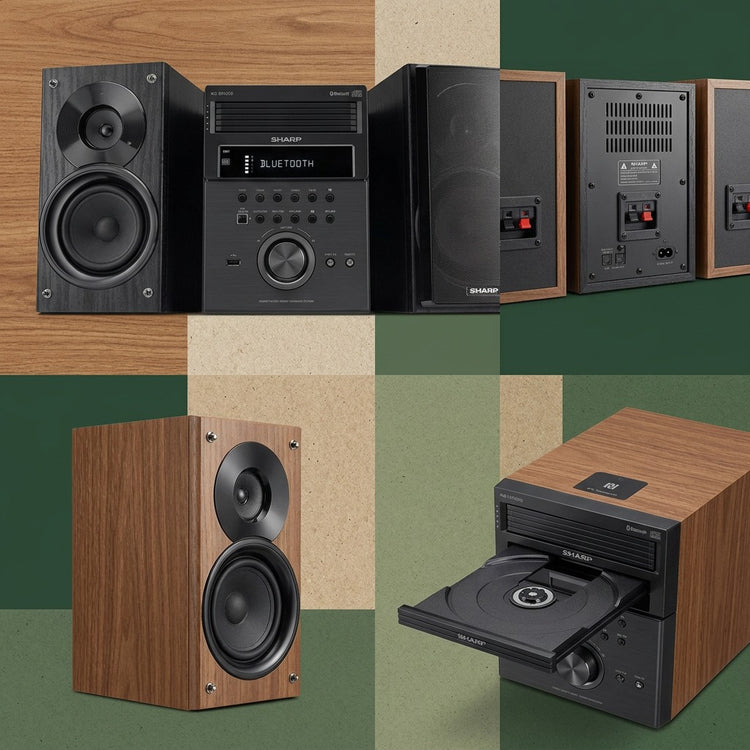 Sharp XL-BH250 5-disc stereo system shown from front, back, side, and open CD tray views.